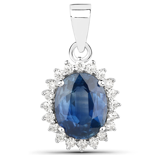 Sapphire-2.50 Carat Genuine Blue Sapphire and White Diamond 14K White Gold Pendant