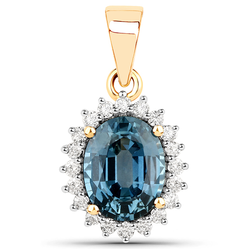 Sapphire-2.50 Carat Genuine Blue Sapphire and White Diamond 14K Yellow Gold Pendant