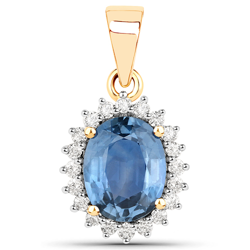 Sapphire-2.55 Carat Genuine Blue Sapphire and White Diamond 14K Yellow Gold Pendant