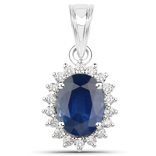 Sapphire-1.76 Carat Genuine Blue Sapphire and White Diamond 14K White Gold Pendant
