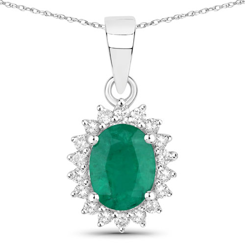 Emerald-1.43 Carat Genuine Zambian Emerald and White Diamond 14K White Gold Pendant