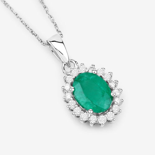 1.43 Carat Genuine Zambian Emerald and White Diamond 14K White Gold Pendant