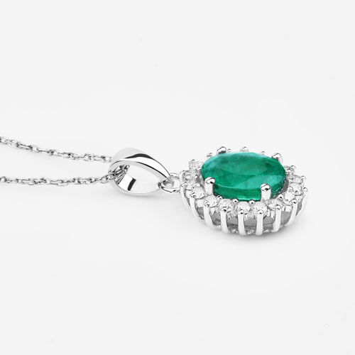 1.43 Carat Genuine Zambian Emerald and White Diamond 14K White Gold Pendant