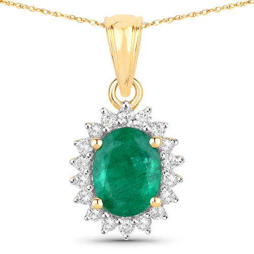 Emerald-1.43 Carat Genuine Zambian Emerald and White Diamond 14K Yellow Gold Pendant