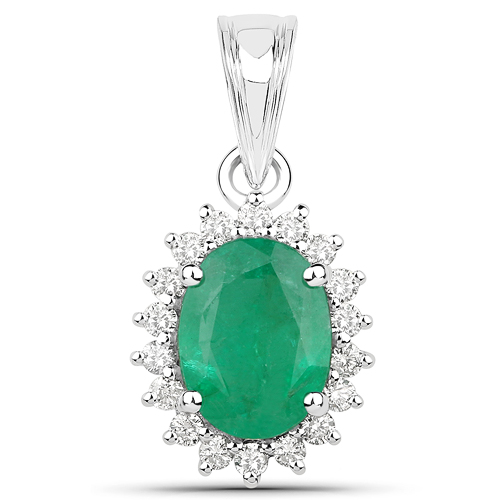 Emerald-1.42 Carat Genuine Zambian Emerald and White Diamond 14K White Gold Pendant