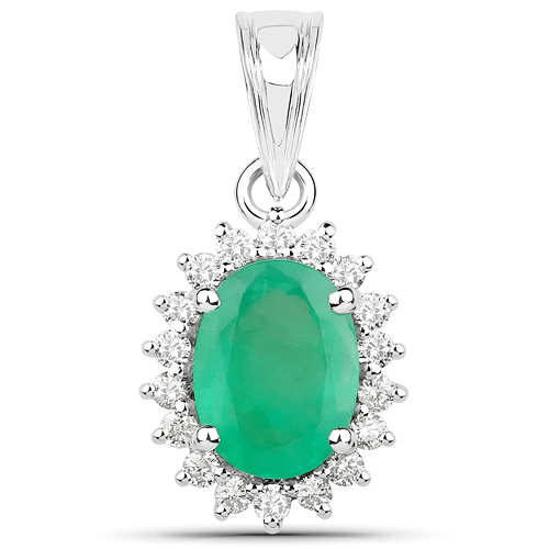 Emerald-1.47 Carat Genuine Zambian Emerald and White Diamond 14K White Gold Pendant