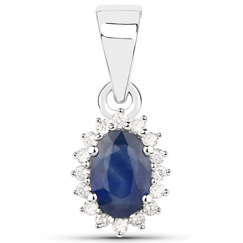 Sapphire-0.65 Carat Genuine Blue Sapphire and White Diamond 14K White Gold Pendant