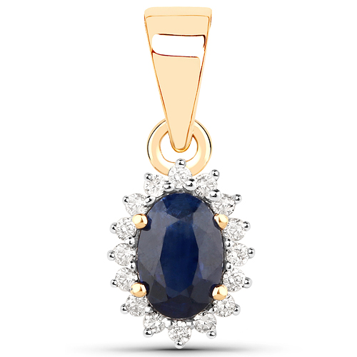 Sapphire-0.66 Carat Genuine Blue Sapphire and White Diamond 14K Yellow Gold Pendant