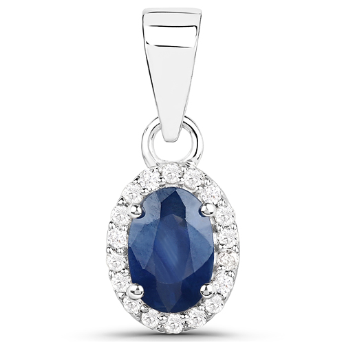 Sapphire-0.57 Carat Genuine Blue Sapphire and White Diamond 18K White Gold Pendant