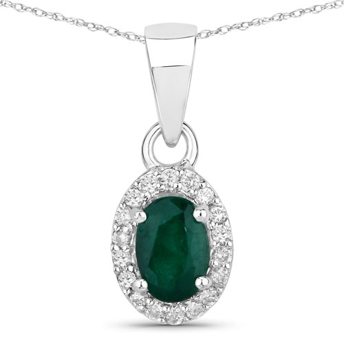 Emerald-0.81 Carat Genuine Zambian Emerald and White Diamond 14K White Gold Pendant