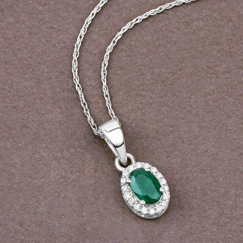 0.81 Carat Genuine Zambian Emerald and White Diamond 14K White Gold Pendant