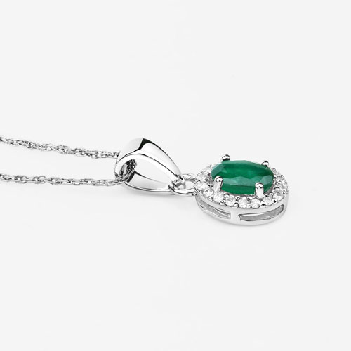 0.81 Carat Genuine Zambian Emerald and White Diamond 14K White Gold Pendant