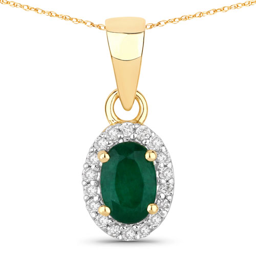 Emerald-0.81 Carat Genuine Zambian Emerald and White Diamond 14K Yellow Gold Pendant