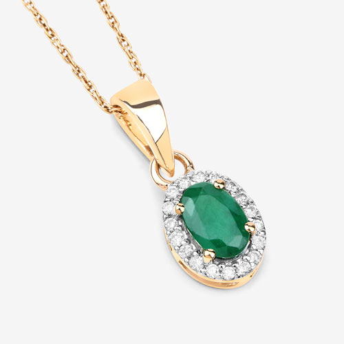 0.81 Carat Genuine Zambian Emerald and White Diamond 14K Yellow Gold Pendant