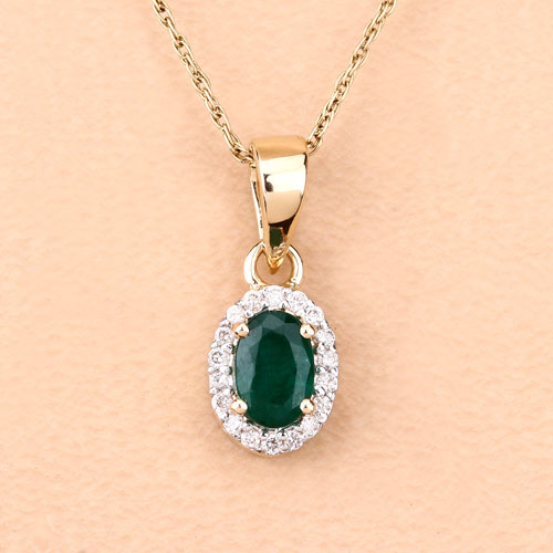 0.81 Carat Genuine Zambian Emerald and White Diamond 14K Yellow Gold Pendant
