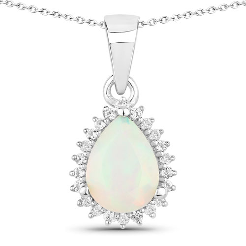 Opal-0.71 Carat Genuine Ethiopian Opal and Created White Sapphire .925 Sterling Silver Pendant