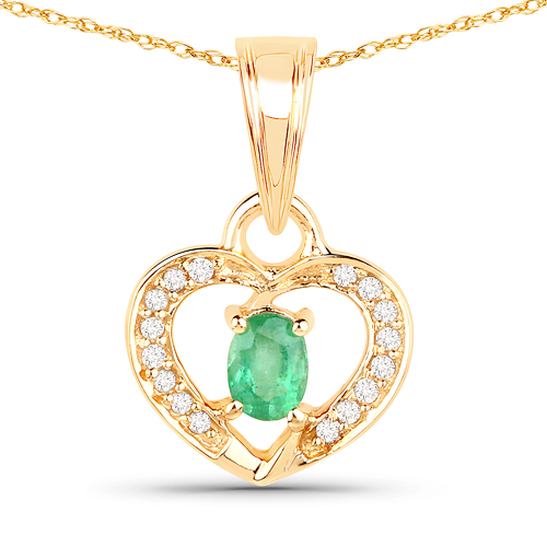 Emerald-0.20 Carat Genuine Zambian Emerald and White Diamond 14K Yellow Gold Pendant