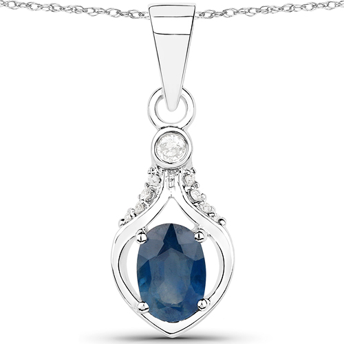 Sapphire-0.52 Carat Genuine Blue Sapphire and White Diamond 14K White Gold Pendant