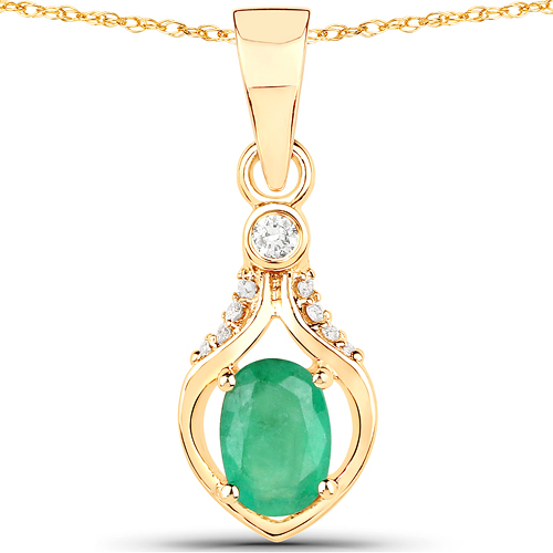 Emerald-0.48 Carat Genuine Zambian Emerald and White Diamond 14K Yellow Gold Pendant