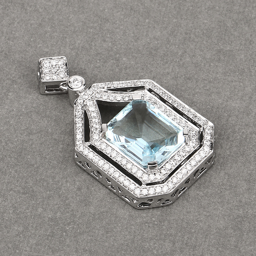 4.45 Carat Genuine Aquamarine and White Diamond 14K White Gold Pendant