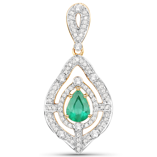 Emerald-0.93 Carat Genuine Zambian Emerald and White Diamond 14K Yellow Gold Pendant