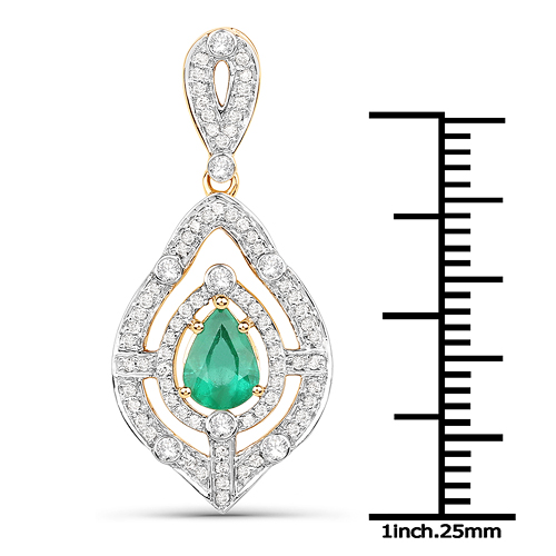 0.93 Carat Genuine Zambian Emerald and White Diamond 14K Yellow Gold Pendant