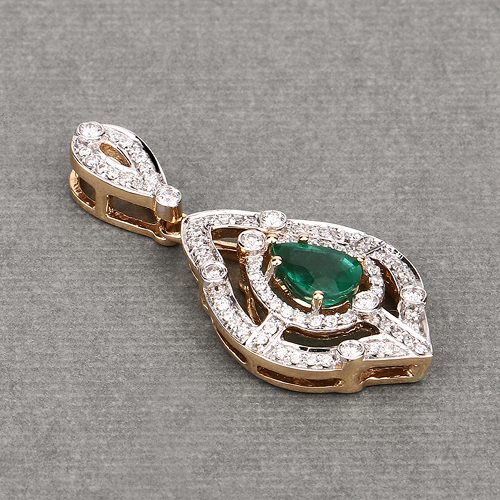 0.93 Carat Genuine Zambian Emerald and White Diamond 14K Yellow Gold Pendant