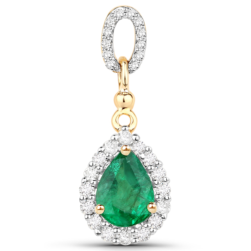 Emerald-0.85 Carat Genuine Zambian Emerald and White Diamond 14K Yellow Gold Pendant