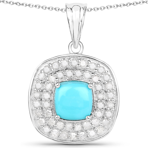Pendants-3.15 Carat Genuine Turquoise and White Diamond .925 Sterling Silver Pendant