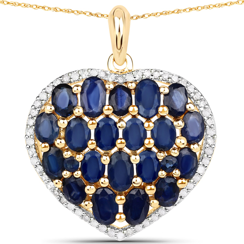 Sapphire-4.44 Carat Genuine Blue Sapphire and White Diamond 14K Yellow Gold Pendant