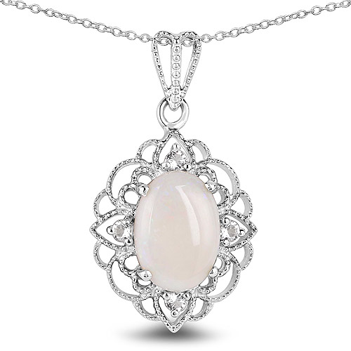 Opal-3.52 Carat Genuine Opal and White Topaz .925 Sterling Silver Pendant