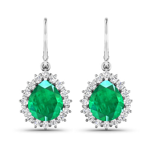 Emerald-3.19 Carat Genuine Zambian Emerald and White Diamond 14K White Gold Earrings