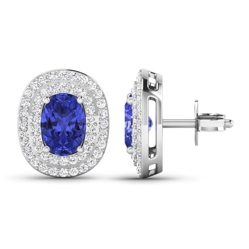 0.45 ctw. Genuine White Diamond Semi-Mounting Studs in 14K White Gold - holds 7x5mm Oval Gemstones with Oval 7x5mm- 2Pcs Tanzanite