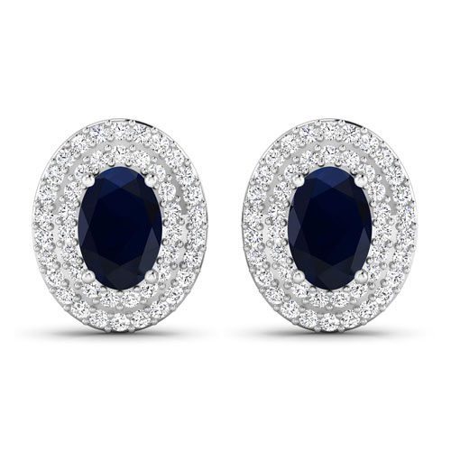 Earrings-1.48 Carat Genuine Blue Sapphire and White Diamond 14K White Gold Earrings