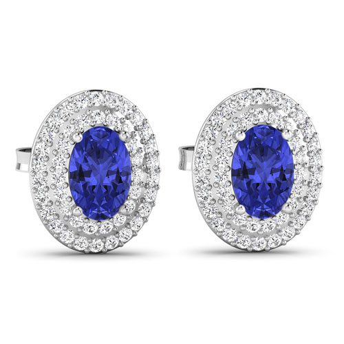 0.32 ctw. Genuine White Diamond Semi-Mounting Studs in 14K White Gold - holds 6x4mm Oval Gemstones with Oval 6x4mm- 2Pcs Tanzanite