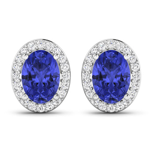0.26 ctw. Genuine White Diamond Semi-Mounting Studs in 14K White Gold - holds 7x5mm Oval Gemstones with Oval 7x5mm- 2Pcs Tanzanite