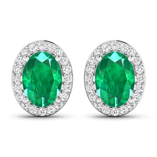 Emerald-1.38 Carat Genuine Zambian Emerald and White Diamond 14K White Gold Earrings
