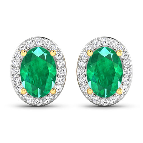 Emerald-1.70 Carat Genuine Zambian Emerald and White Diamond 14K Yellow Gold Earrings