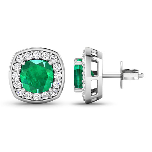 2.25 Carat Genuine Zambian Emerald and White Diamond 14K White Gold Earrings