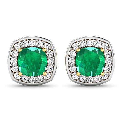 Emerald-2.25 Carat Genuine Zambian Emerald and White Diamond 14K Yellow Gold Earrings