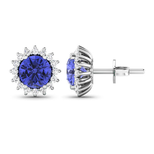 0.32 ctw. Genuine White Diamond Semi-Mounting Halo Earrings in 14K White Gold - holds 6.00mm Round Gemstones with Round 6.00mm- 2Pcs Tanzanite