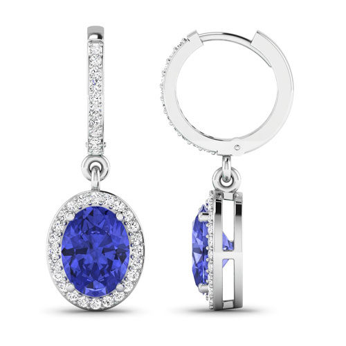 0.32 ctw. Genuine White Diamond Semi-Mounting Dangle Earrings in 14K White Gold - holds 8x6mm Oval Gemstones with Oval 8x6mm- 2Pcs Tanzanite