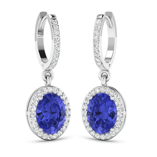 0.32 ctw. Genuine White Diamond Semi-Mounting Dangle Earrings in 14K White Gold - holds 8x6mm Oval Gemstones with Oval 8x6mm- 2Pcs Tanzanite