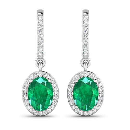 Emerald-2.32 Carat Genuine Zambian Emerald and White Diamond 14K White Gold Earrings