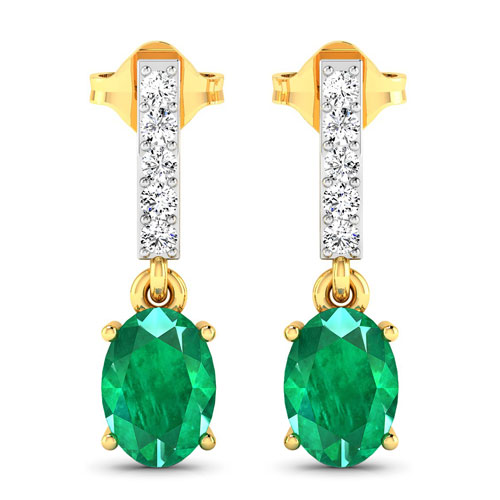 Emerald-1.26 Carat Genuine Zambian Emerald and White Diamond 14K Yellow Gold Earrings
