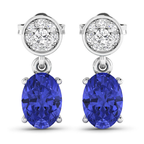 0.11 ctw. Genuine White Diamond Semi-Mounting Dangle Earrings in 14K White Gold - holds 7x5mm Oval Gemstones with Oval 7x5mm- 2Pcs Tanzanite