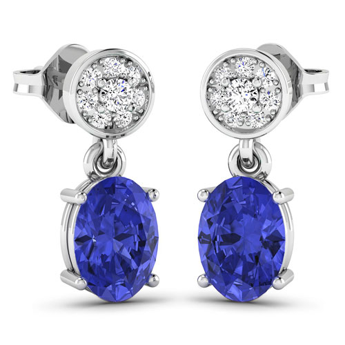 0.11 ctw. Genuine White Diamond Semi-Mounting Dangle Earrings in 14K White Gold - holds 7x5mm Oval Gemstones with Oval 7x5mm- 2Pcs Tanzanite