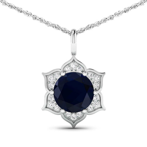 Sapphire-2.39 Carat Genuine Blue Sapphire and White Diamond 14K White Gold Pendant