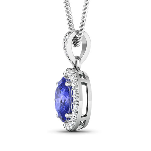 0.18 ctw. Genuine White Diamond Semi-Mounting Halo Pendant in 14K White Gold - holds 8x6mm Oval Gemstone with Tanzanite Oval 8x6mm