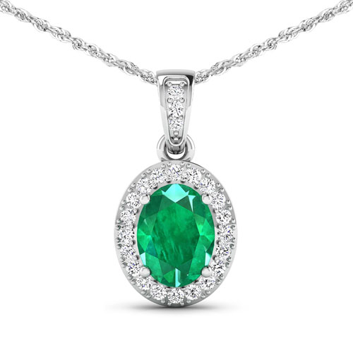 Emerald-1.18 Carat Genuine Zambian Emerald and White Diamond 14K White Gold Pendant